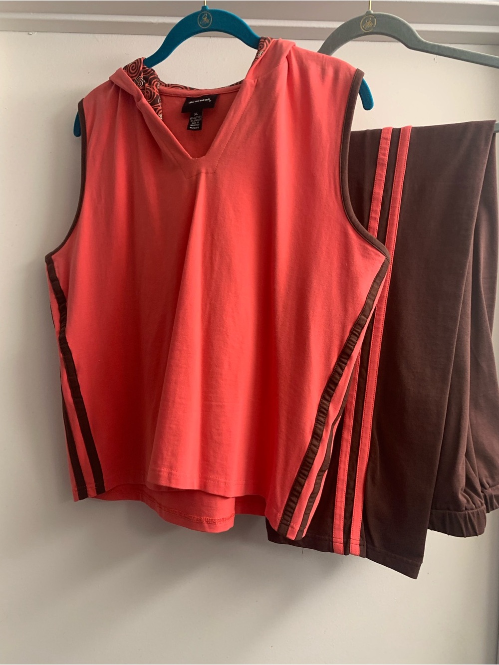 bolle Coral Sleeveless Hooded Top with Brown Trim and Coral-Striped Brown Pants
